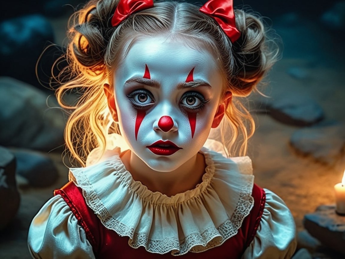 Young girl in clown makeup with vintage red dress