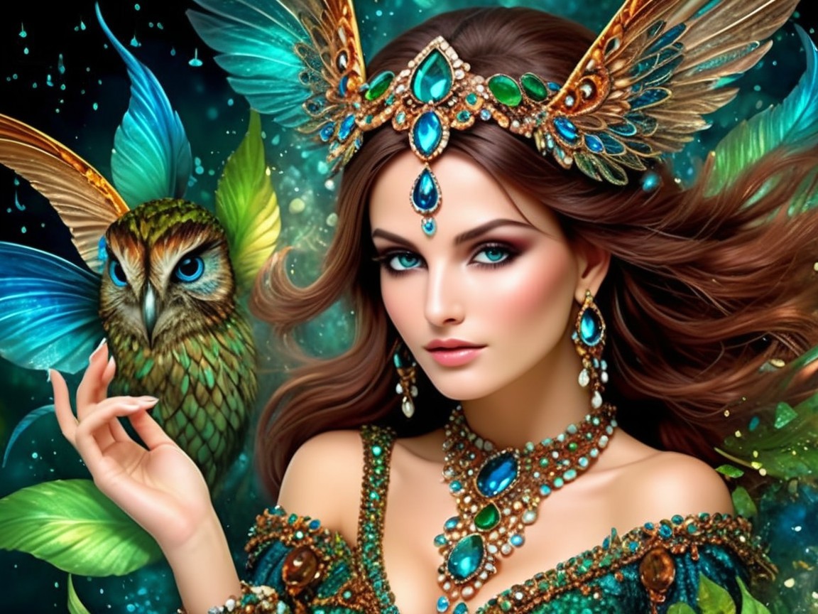 Woman in Emerald and Sapphire Jewelry with Owl