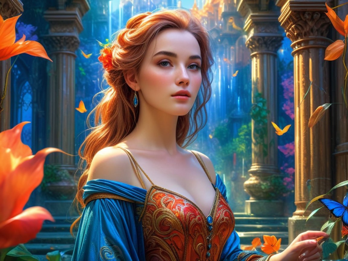 Enchanted garden scene with a woman in vibrant dress