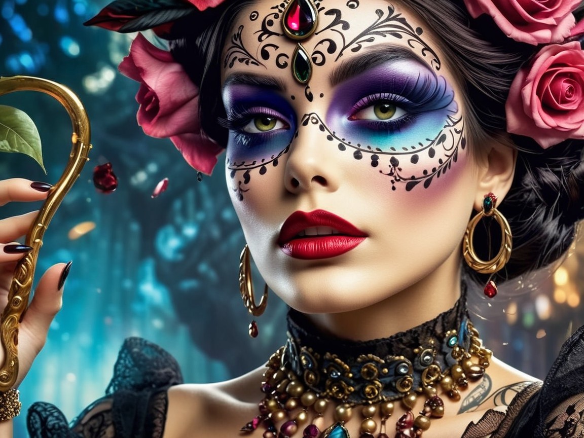 Vibrant Makeup and Sugar Skull Design in Forest Setting