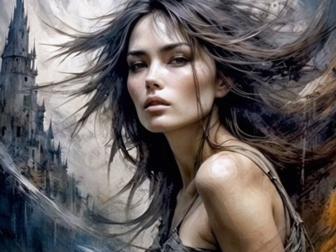 Portrait of a Woman with Flowing Hair and Castle Background