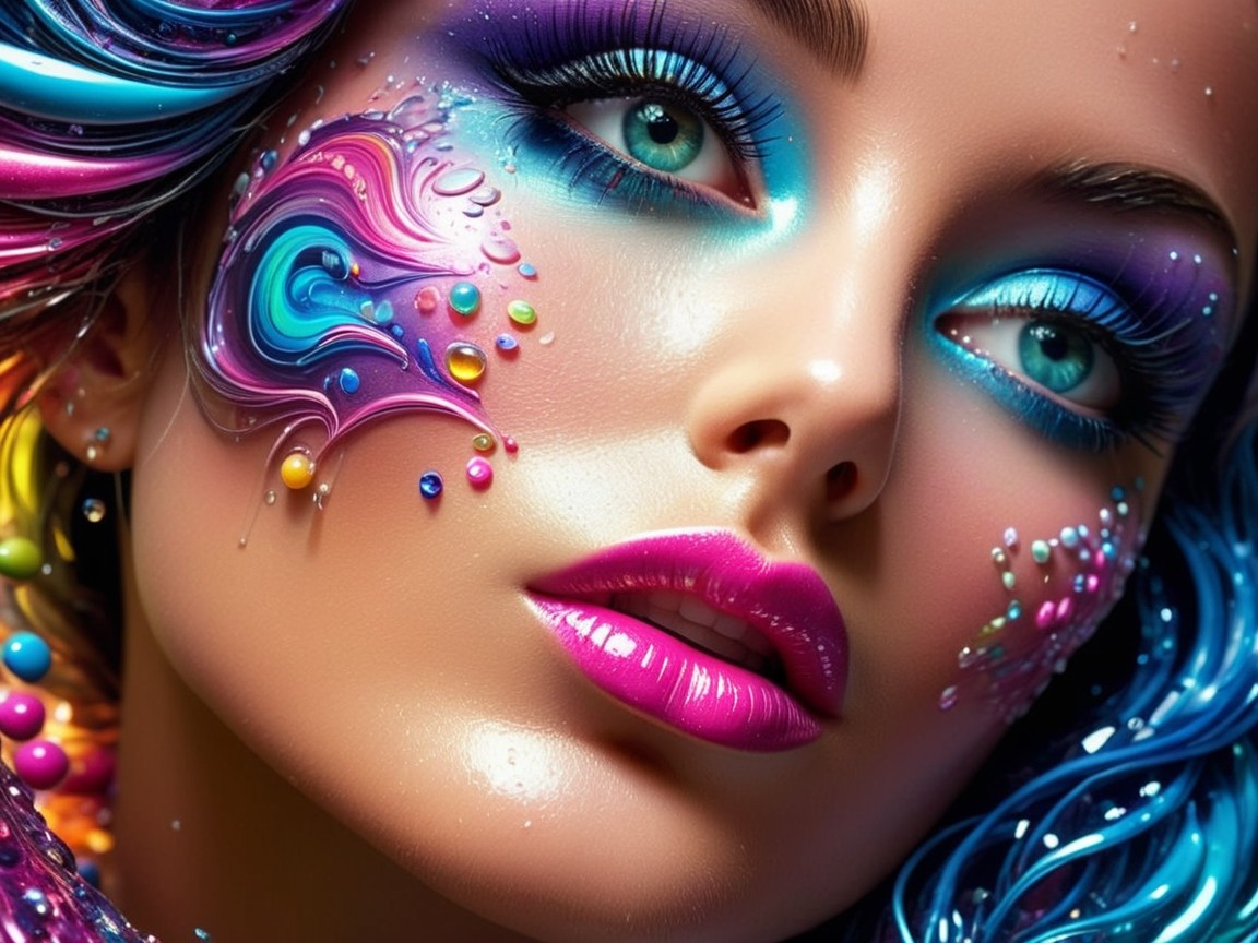 Close-up of a woman with vibrant multicolored makeup