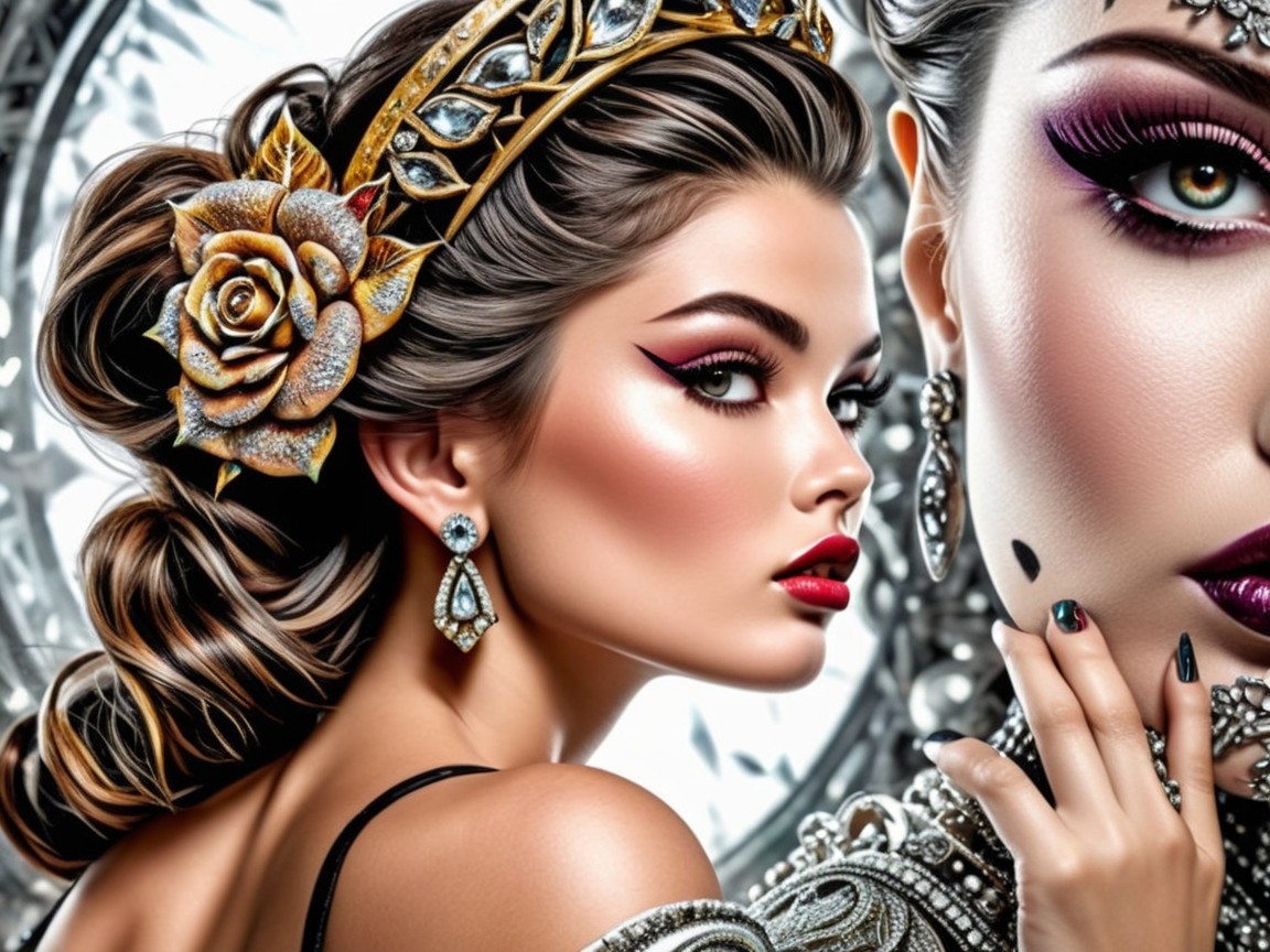 Portrait of a Woman with Elaborate Makeup and Jewelry
