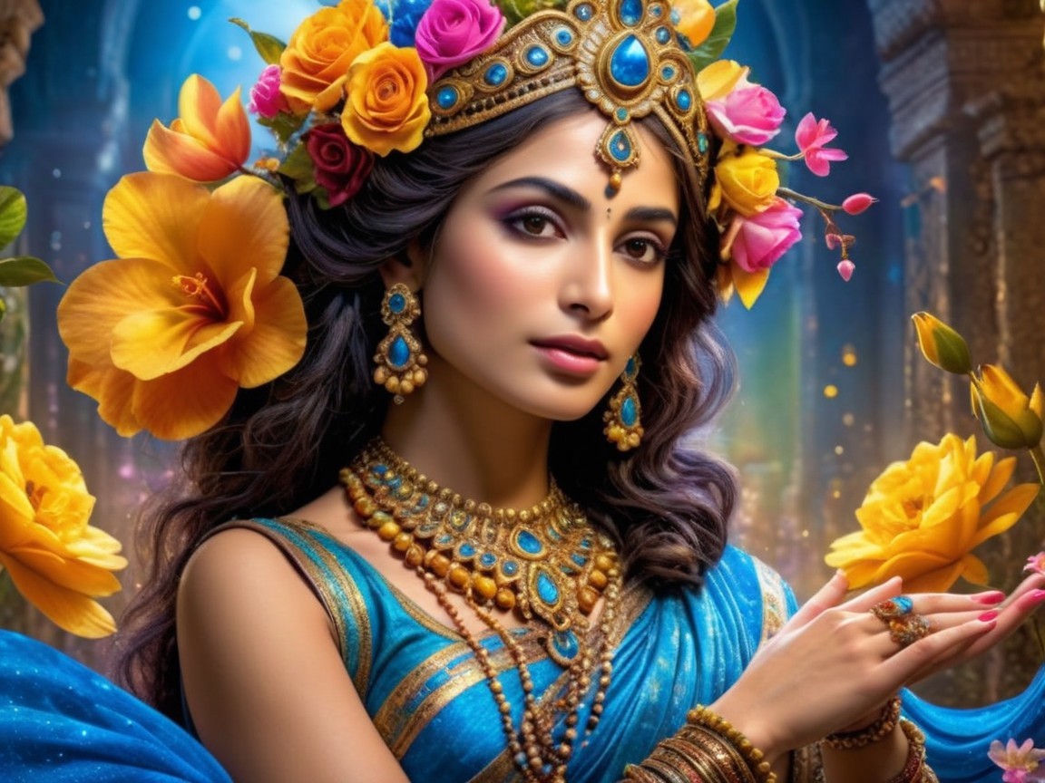 Adorned Woman in Blue with Golden Jewelry and Flowers