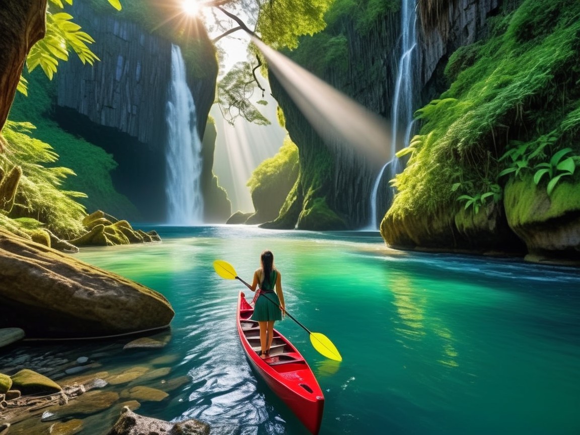 Lone Kayaker in Vibrant Red Kayak on Turquoise Waters