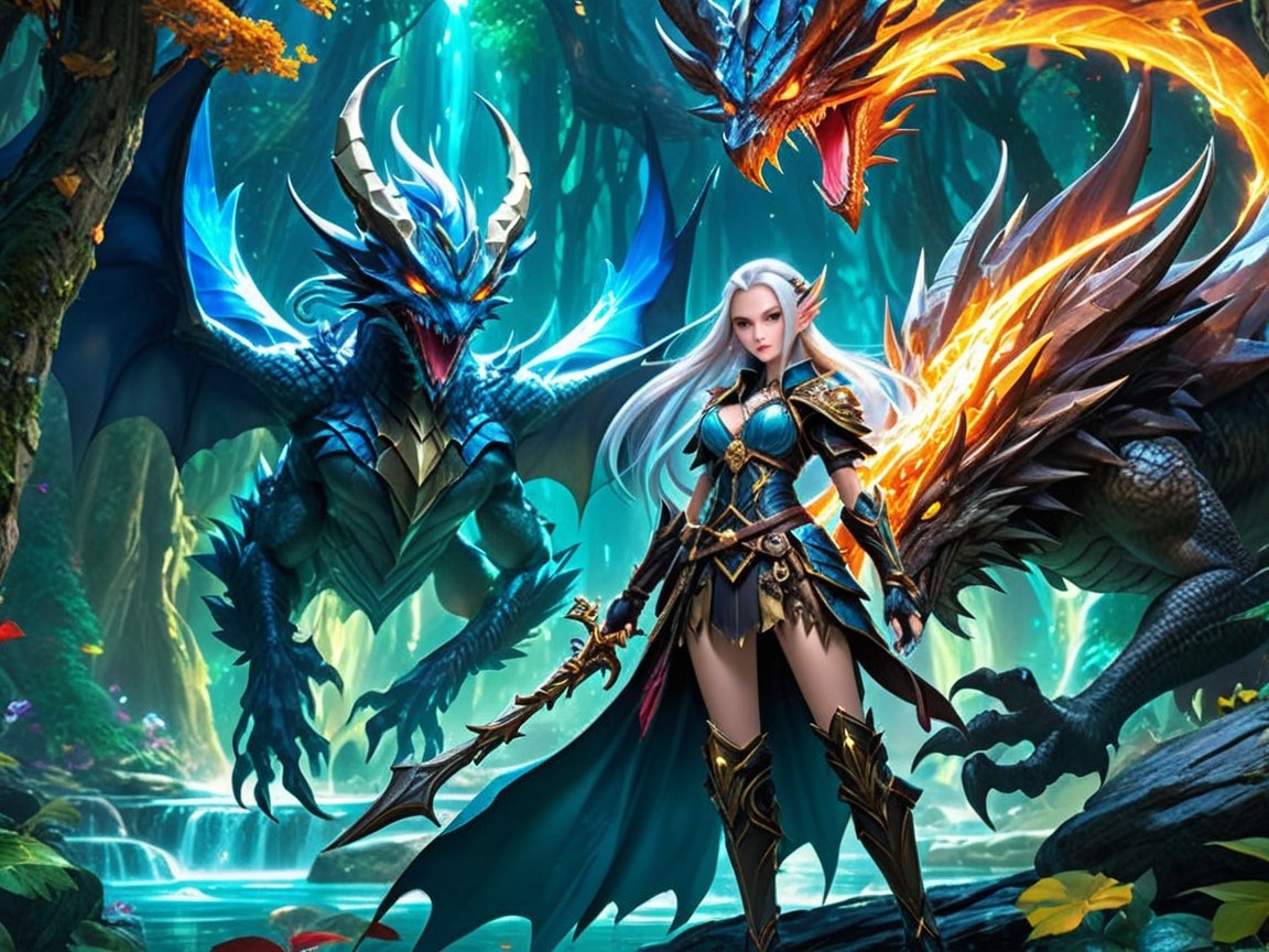 Elven Warrior with Dragons in Fantasy Forest Scene