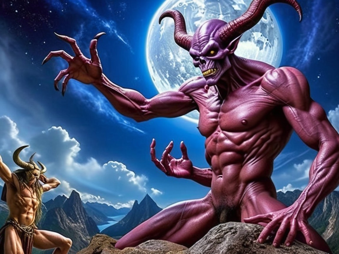 Muscular purple demon on rocky outcrop with moon