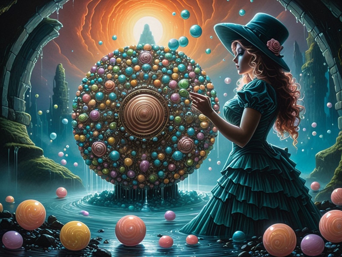 Surreal Landscape with Woman in Teal Dress and Orb