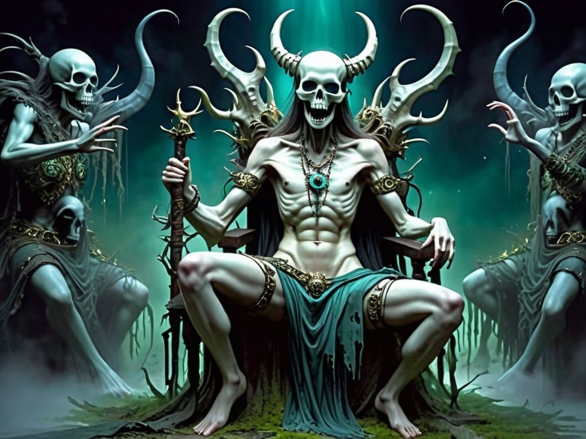 Menacing Figure on Dark Throne in Eerie Fantasy Setting