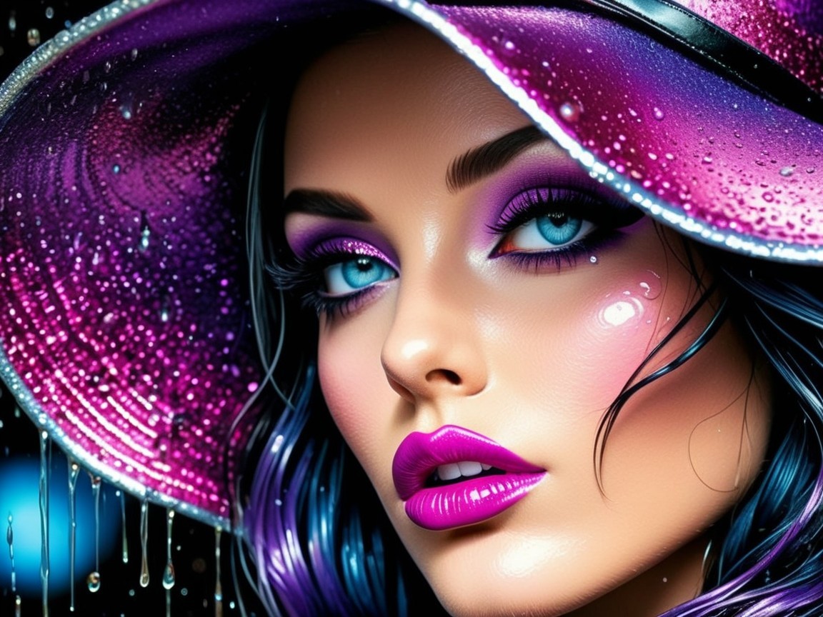 Close-up of a woman in a glossy purple hat with raindrops