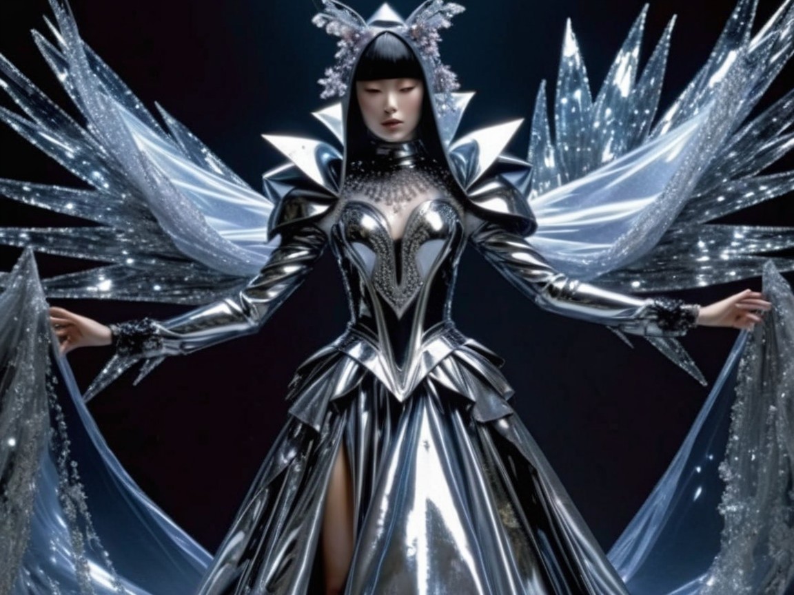 Extravagant silver gown with metallic wings and details