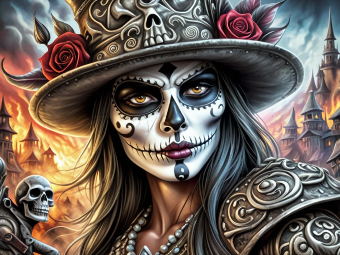 Elaborate Attire with Sugar Skull Makeup and Castles