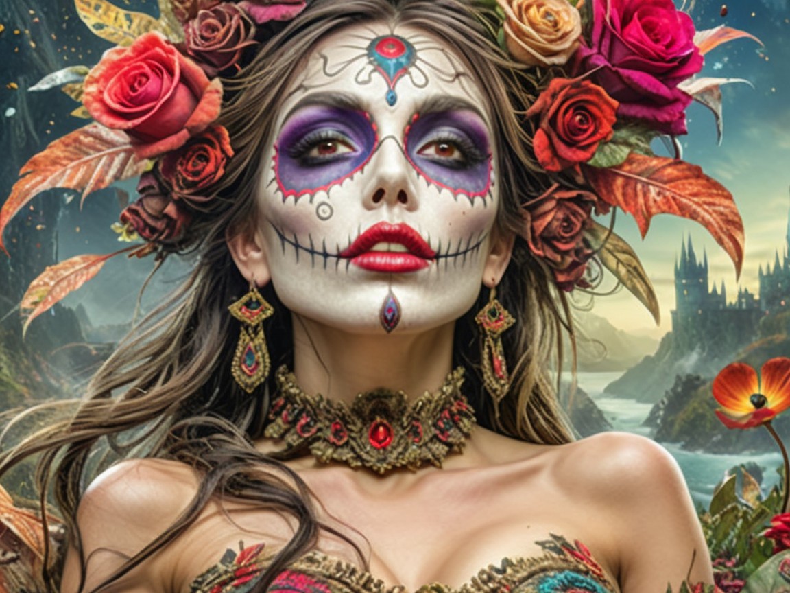 Woman with Sugar Skull Face Paint and Floral Hair