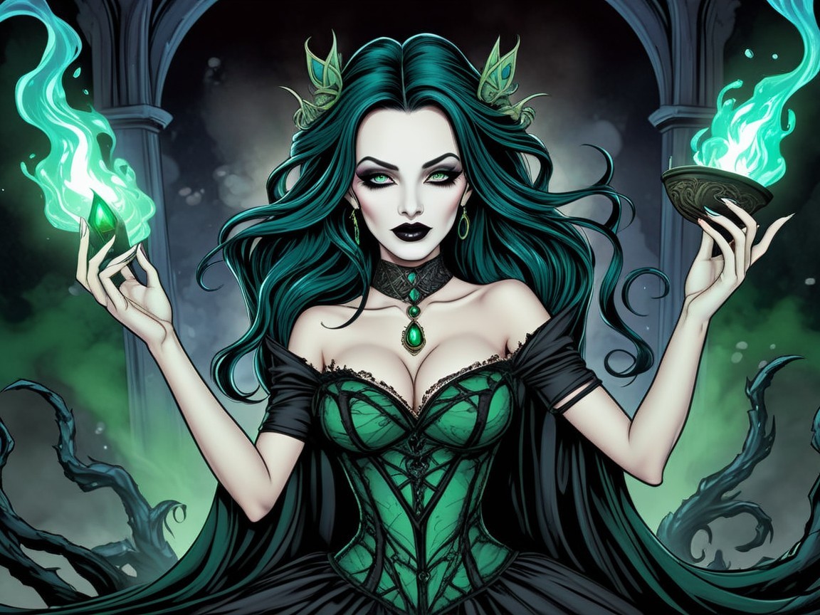 Mystical sorceress in emerald gown with green flames