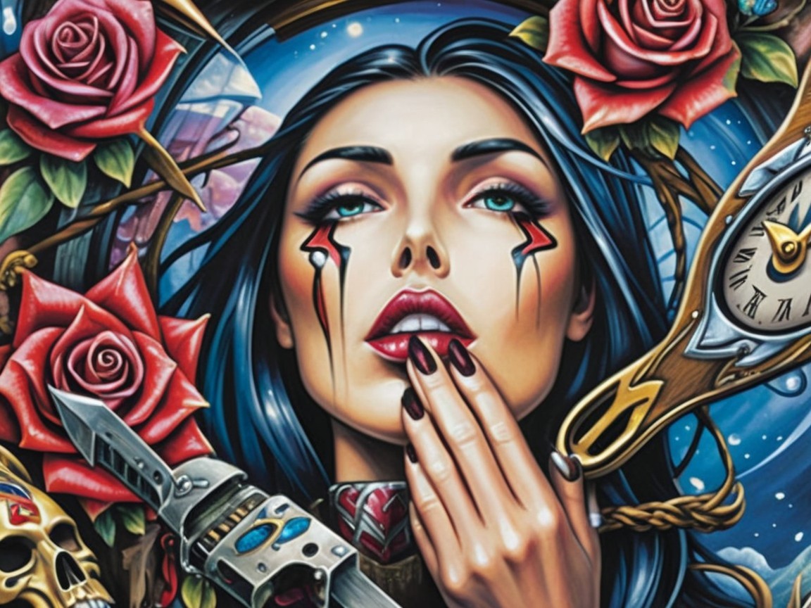 Tattoo-Inspired Artwork of Woman with Blue Hair