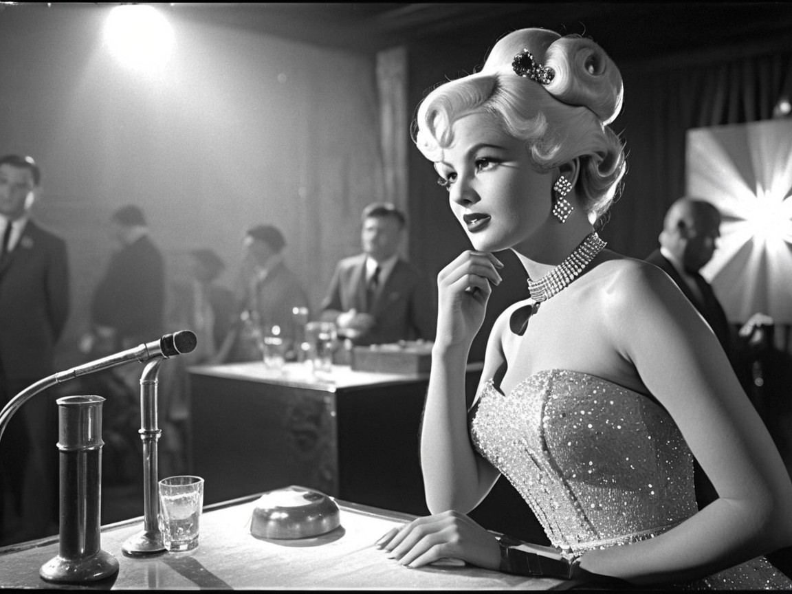 Glamorous Woman in Vintage Dress at Microphone