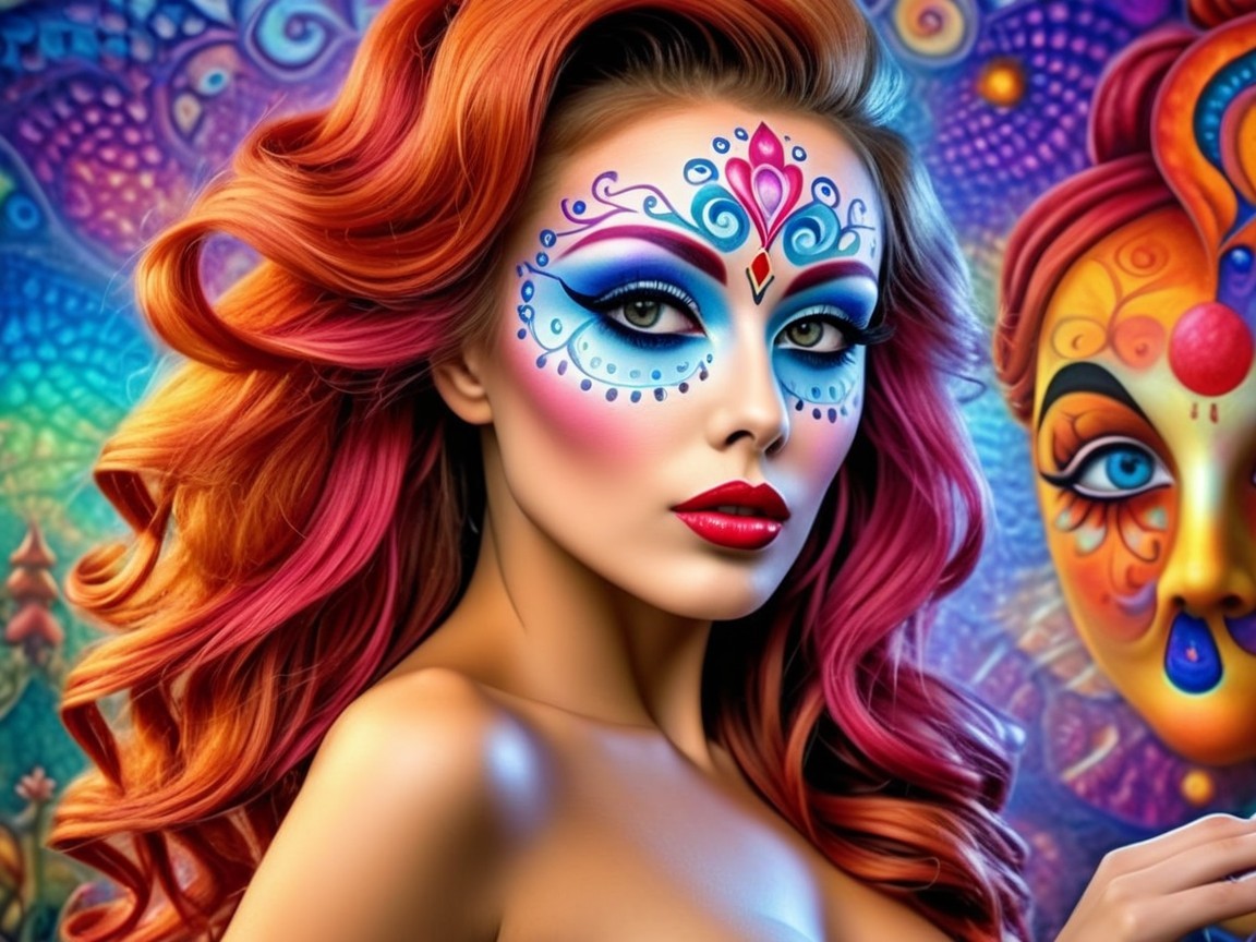 Portrait of a Woman with Colorful Face Paint and Curls