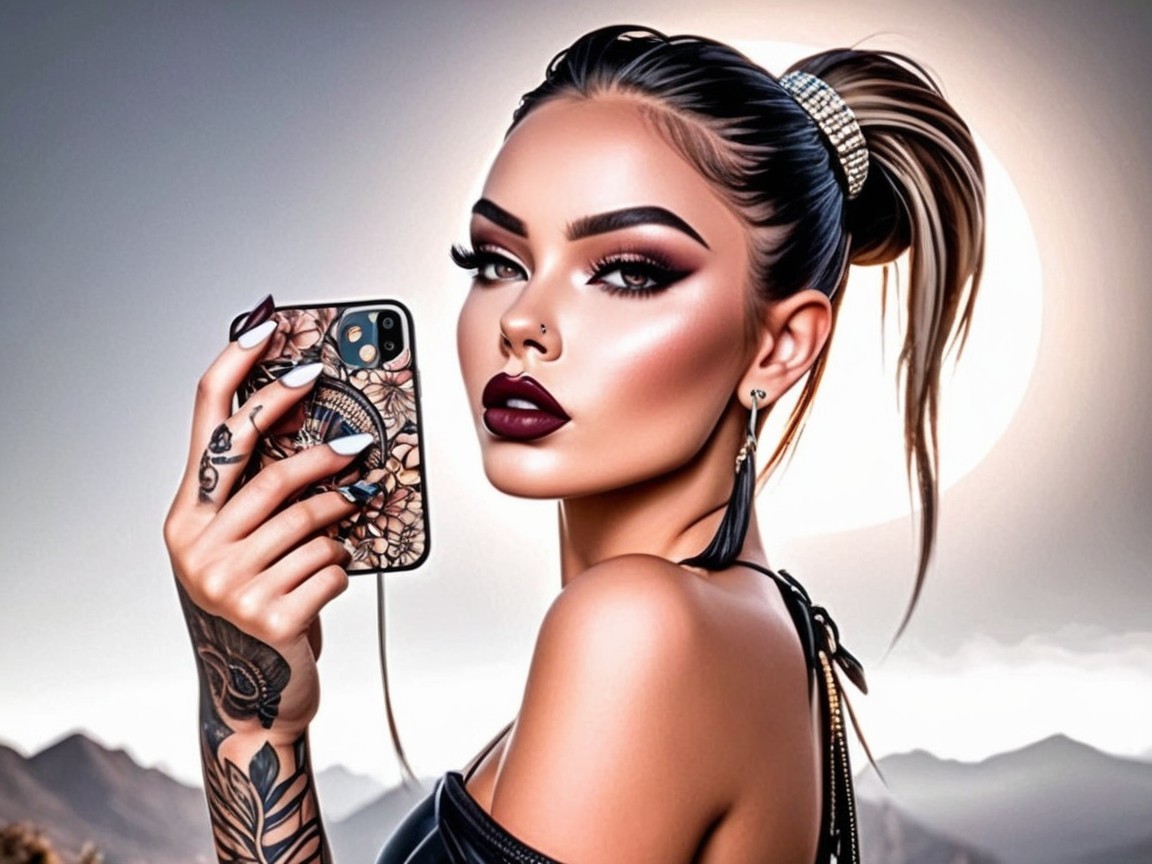 Young woman with tattoos and phone in scenic setting