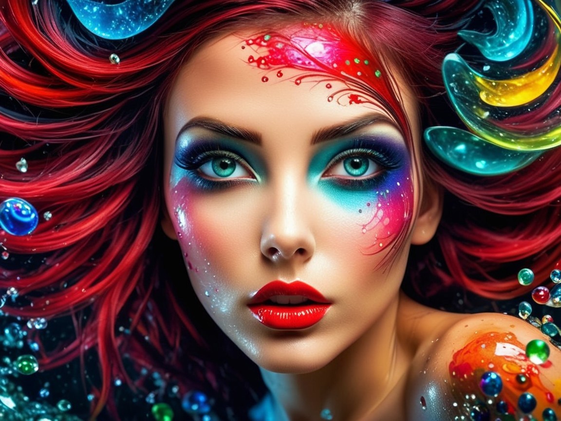 Portrait of a woman with red hair and colorful makeup