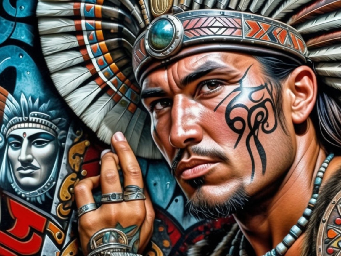 Warrior in Tribal Attire with Feathered Headdress