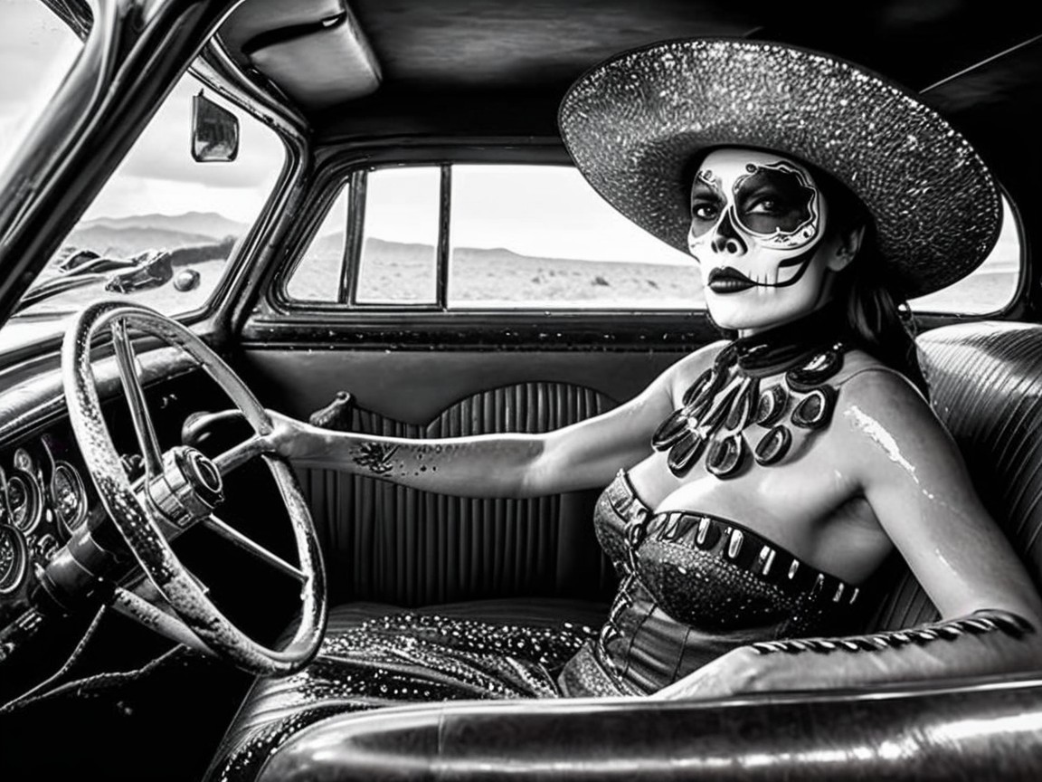 Black and white image of woman in vintage car for Día de los Muertos