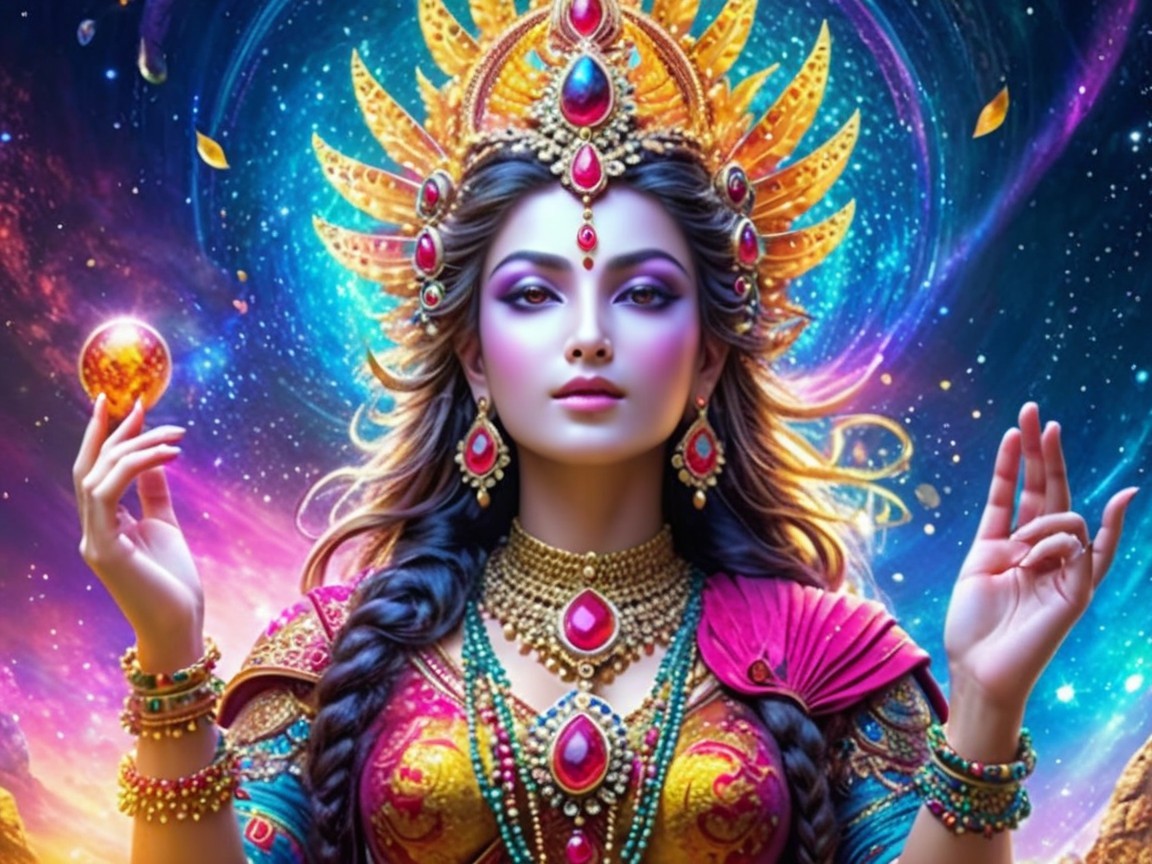 Majestic figure in vibrant traditional attire with orb