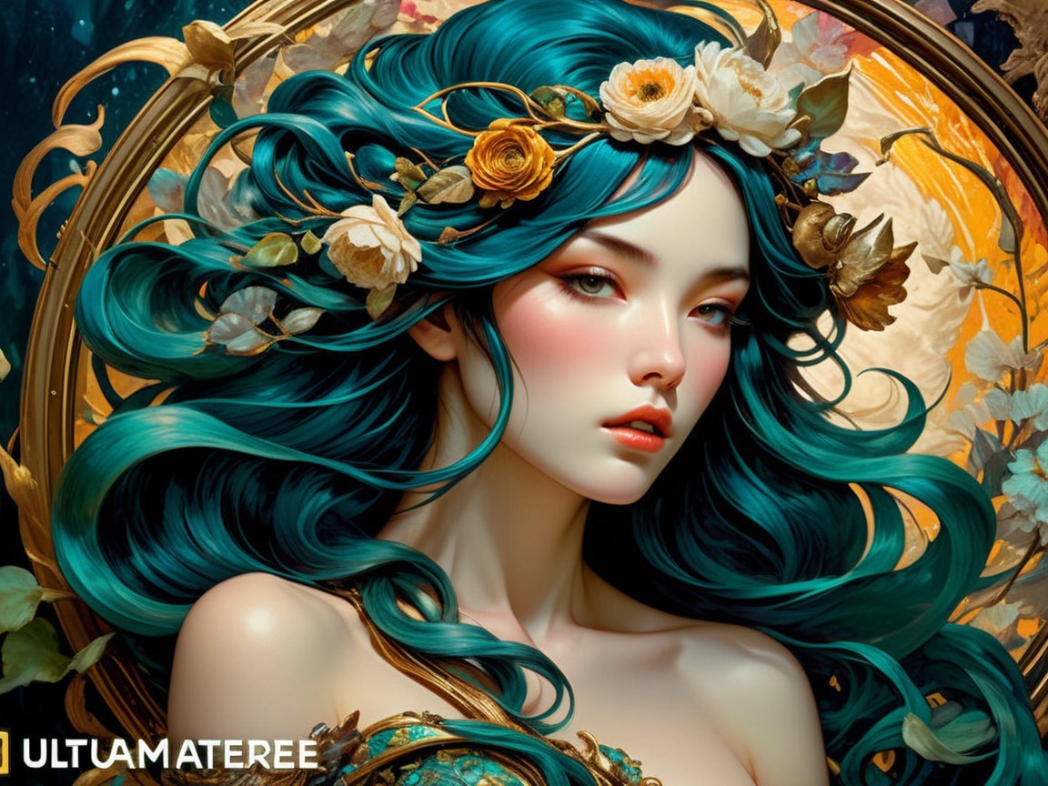 Young woman with teal hair and floral adornments