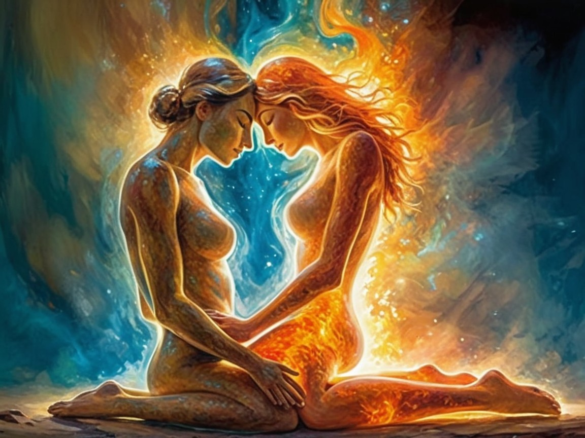 Ethereal Figures with Intertwined Bodies and Colors