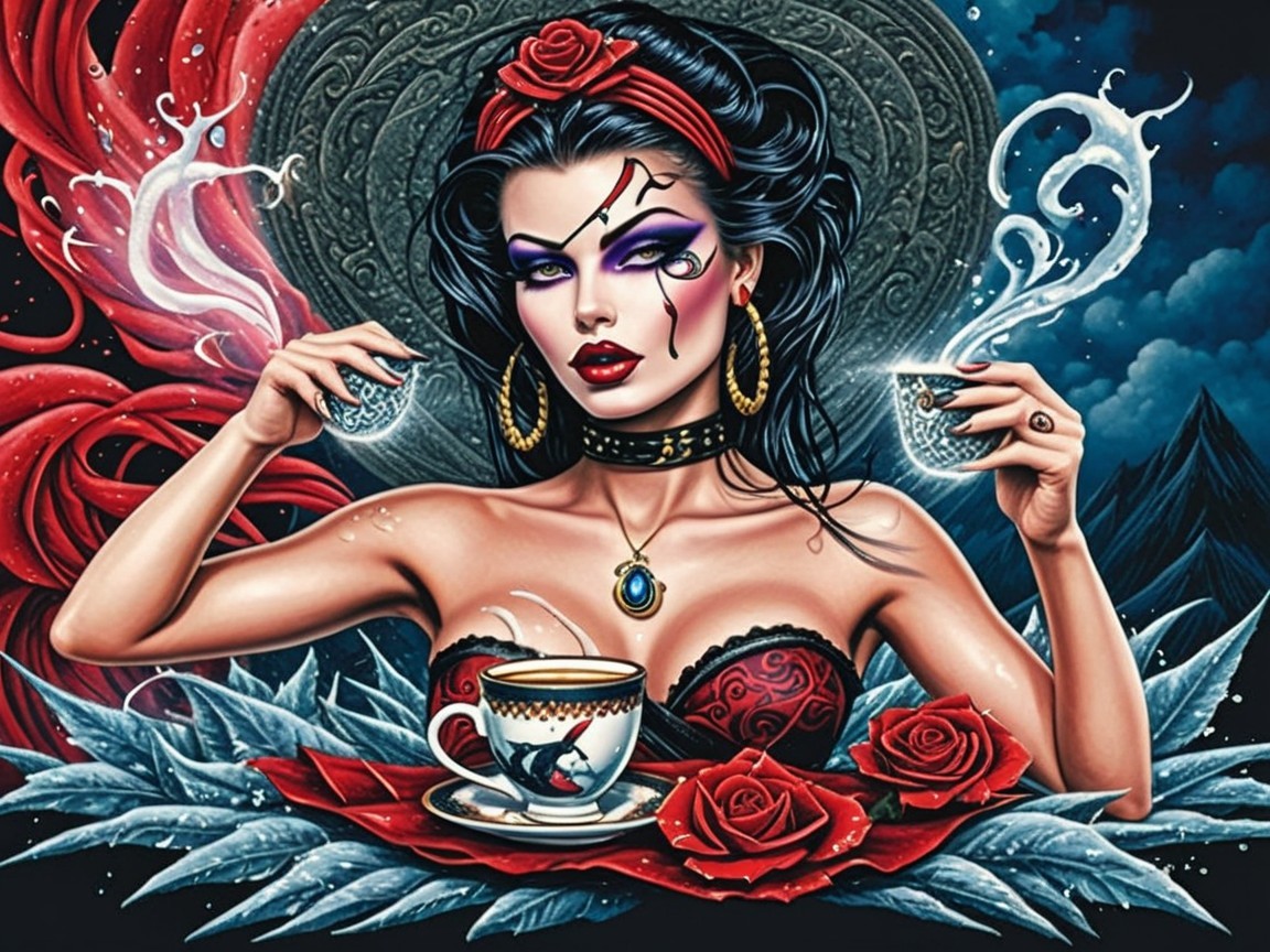 Dramatic Woman with Teacups and Mystical Backdrop