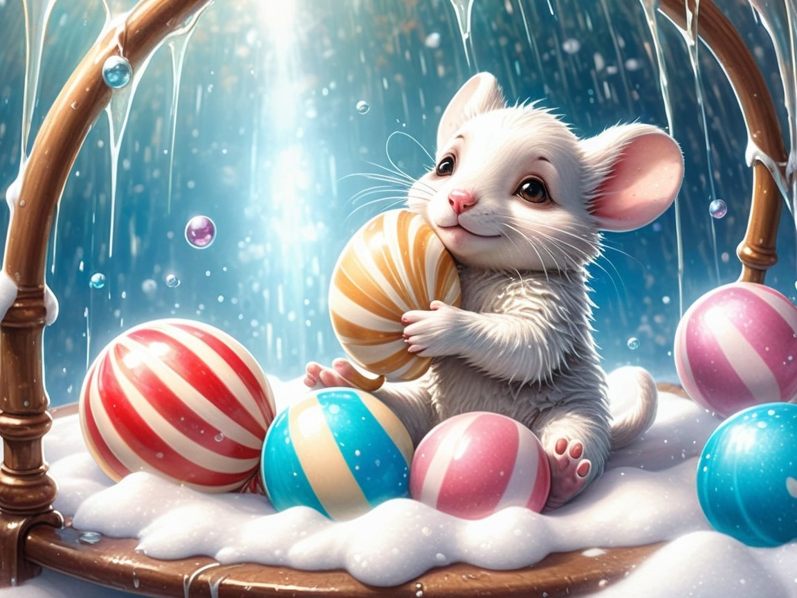 Cute White Mouse in Swing Surrounded by Colorful Candies