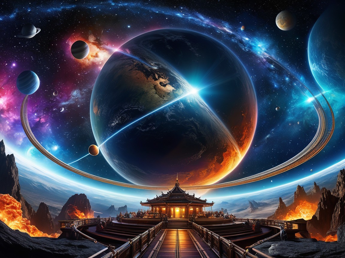 Vibrant Planet with Rings and Ornate Temple in Space
