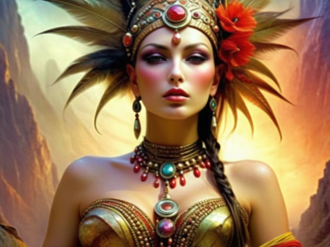 Vibrant Tribal Attire with Intricate Jewelry and Headdress