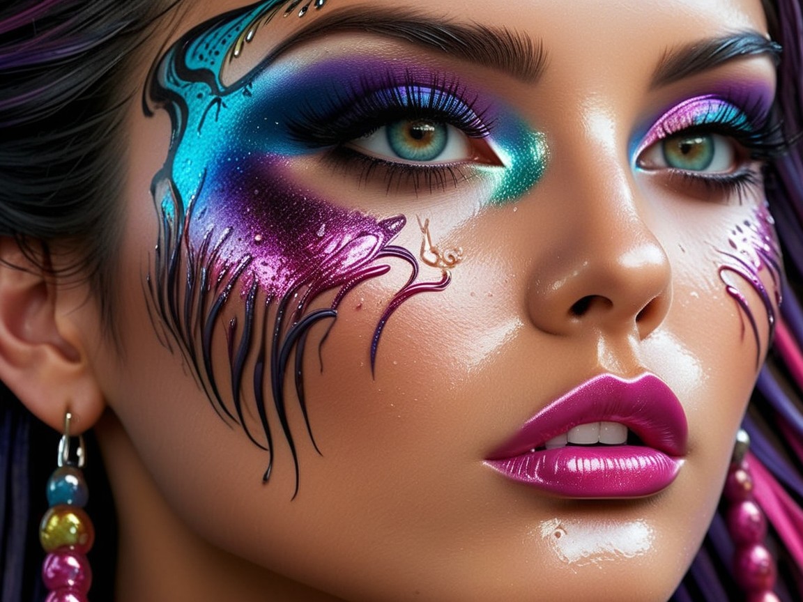 Vibrant Makeup Portrait with Colorful Designs and Hair
