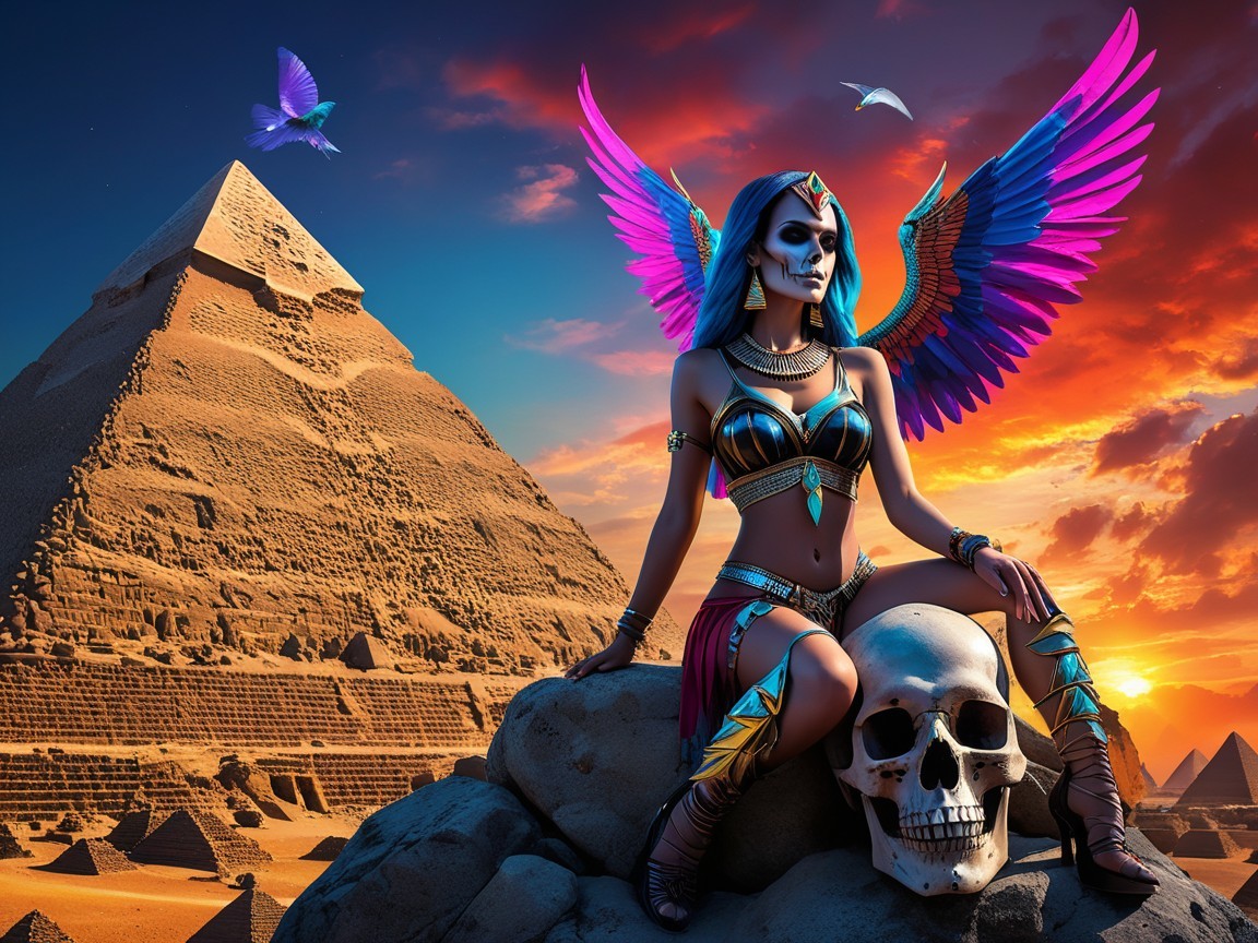 Mystical Woman with Wings by Pyramids at Sunset