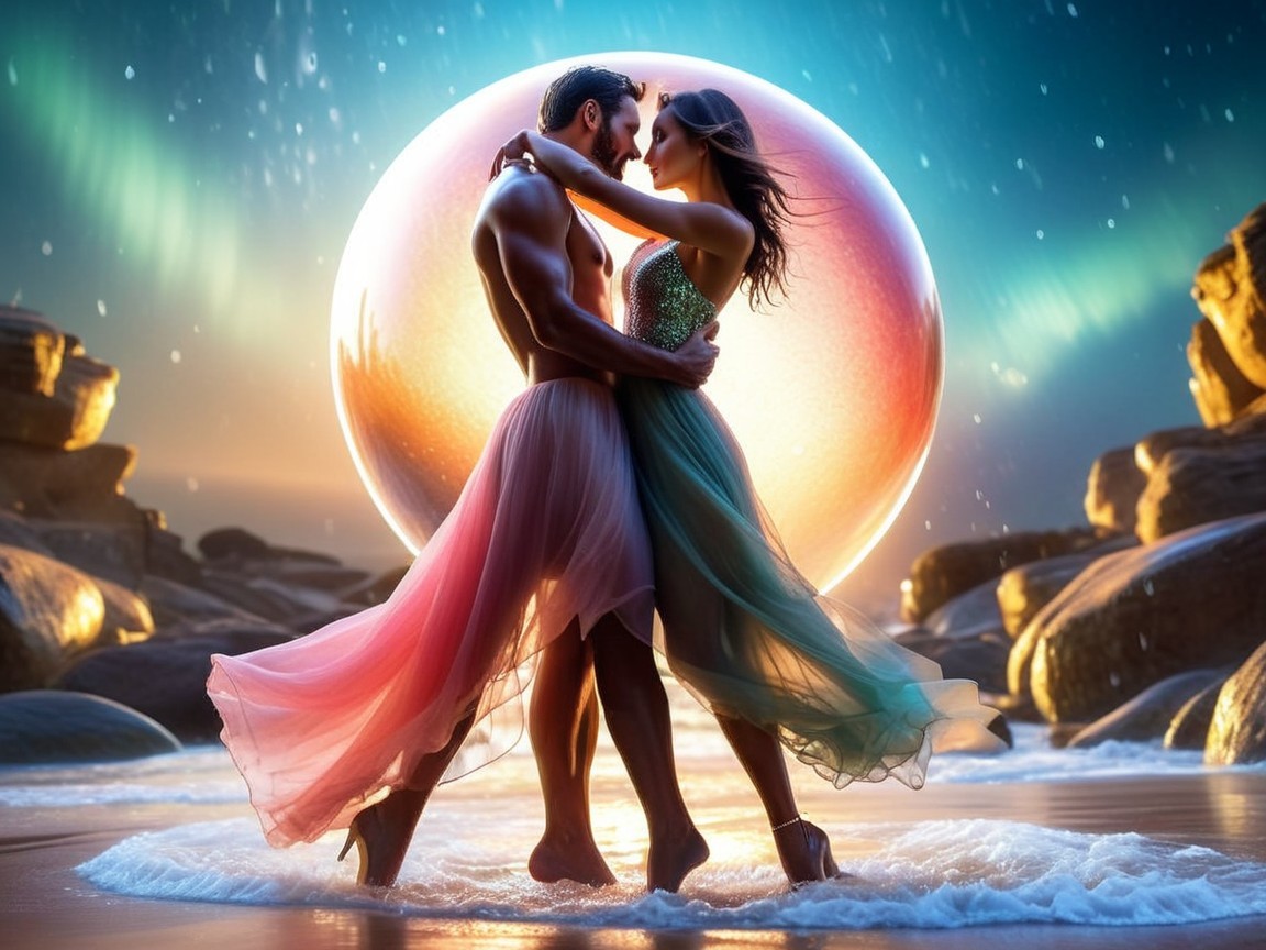 Couple Embracing on a Serene Beach at Sunset