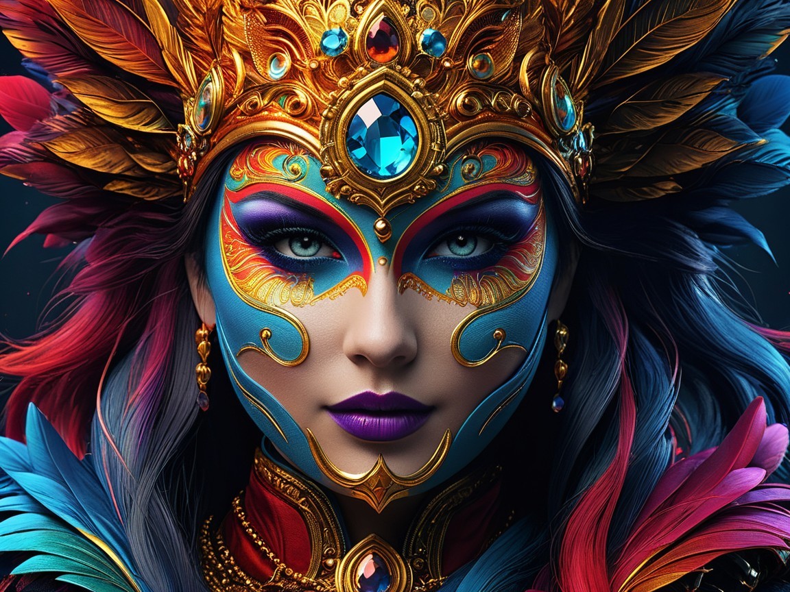 Portrait of a Woman in Colorful Mask and Headpiece