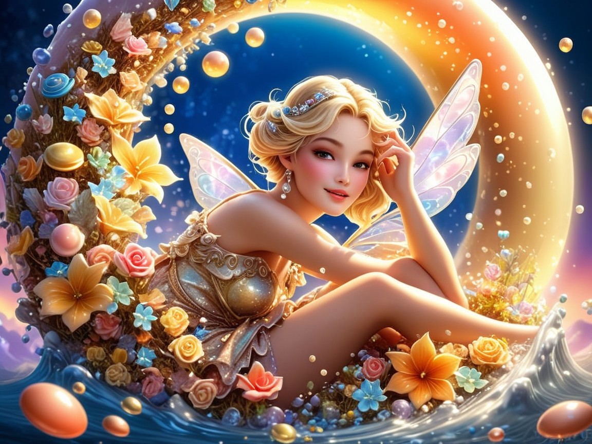 Serene Woman in Crescent Moon Surrounded by Flowers