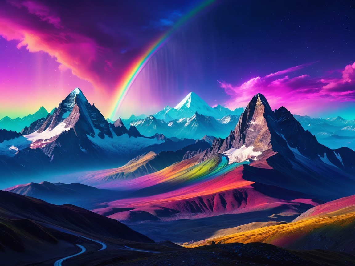 Majestic Mountain Landscape with Vibrant Sky and Rainbow