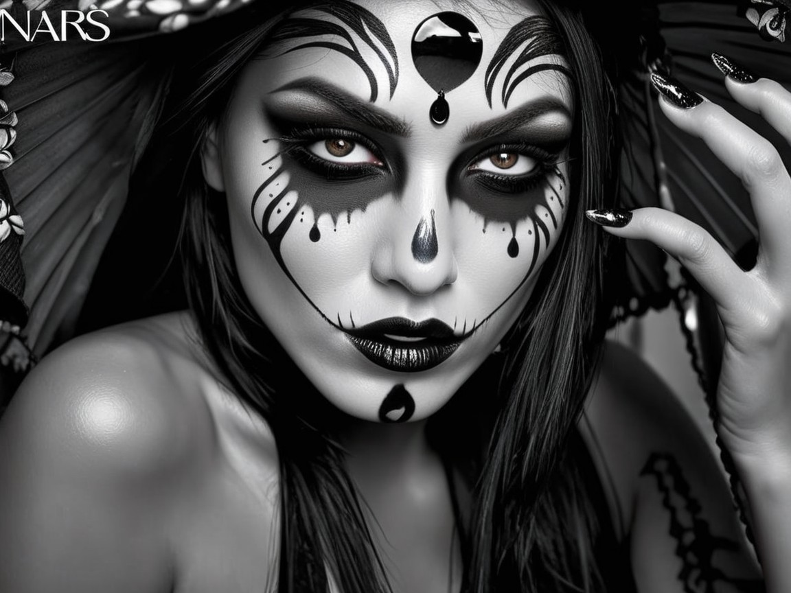 Black-and-White Portrait of a Woman with Dramatic Makeup