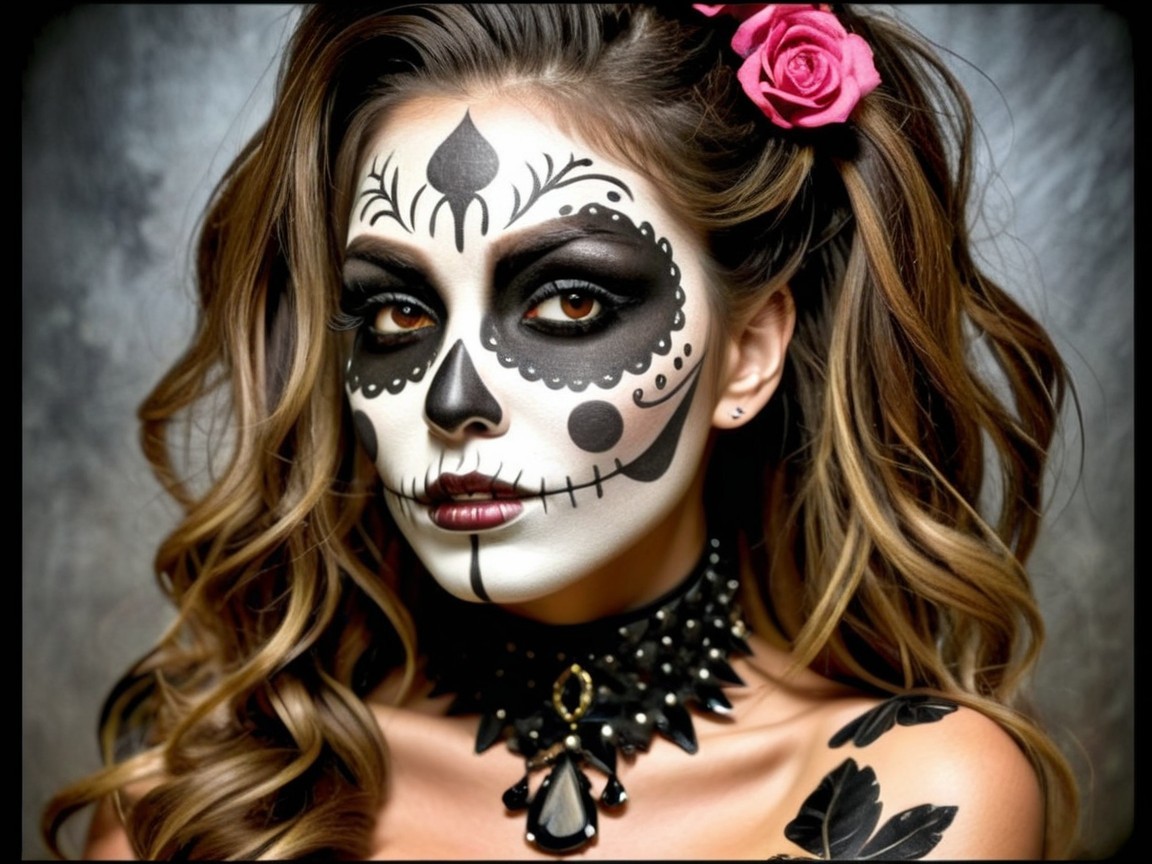 Vibrant Día de los Muertos Portrait with Floral Elements