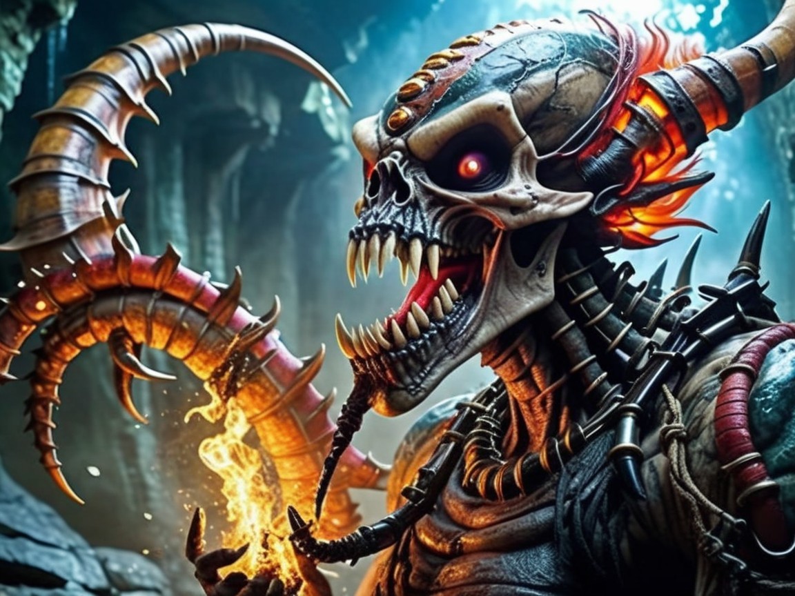 Demon with Skull Head and Fiery Orb in Cavern