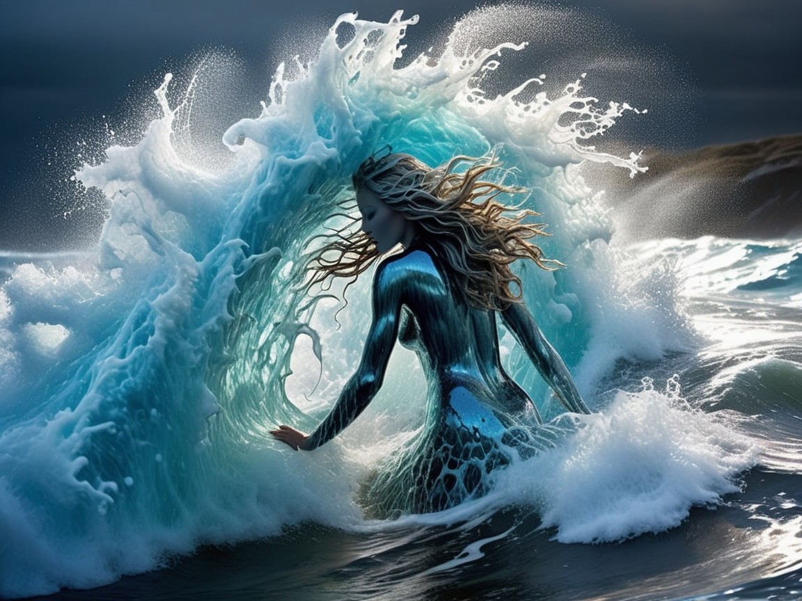 Mystical Figure in Dramatic Ocean Scene with Waves
