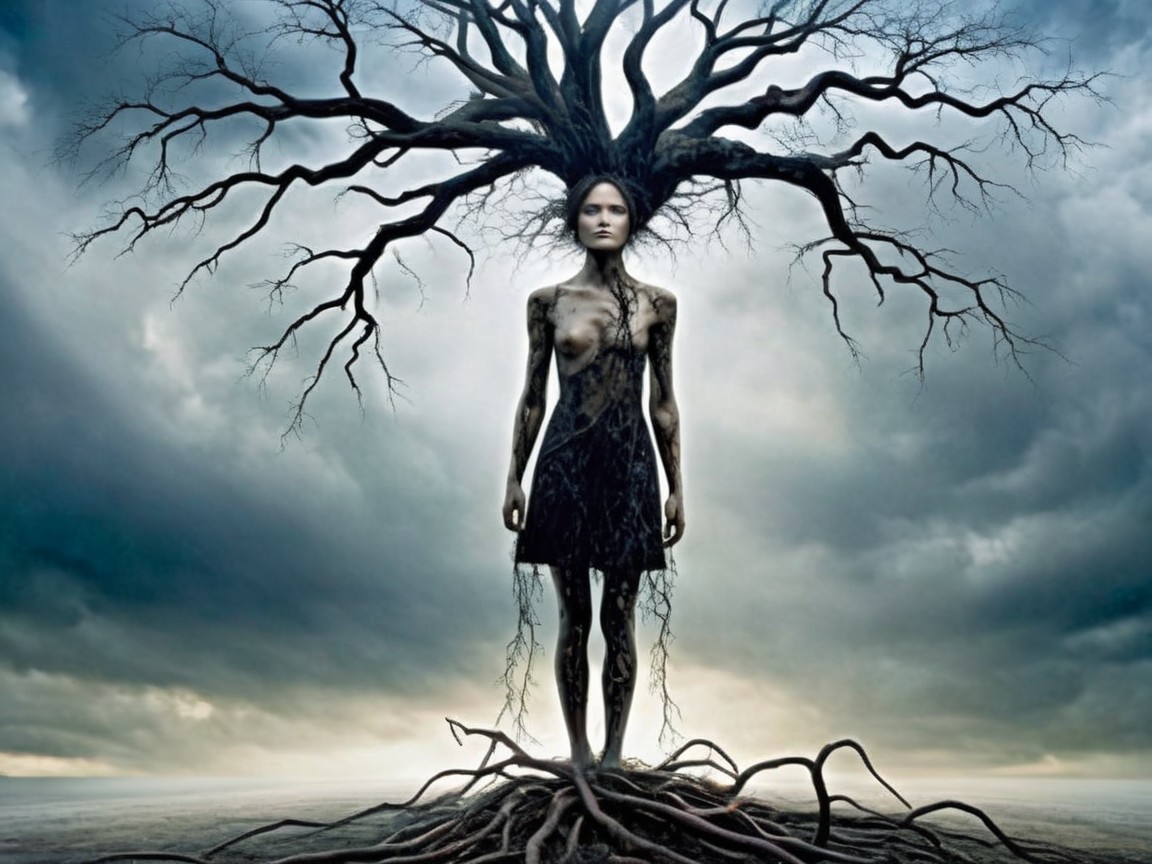 Surreal Figure in a Desolate Landscape with Nature Themes