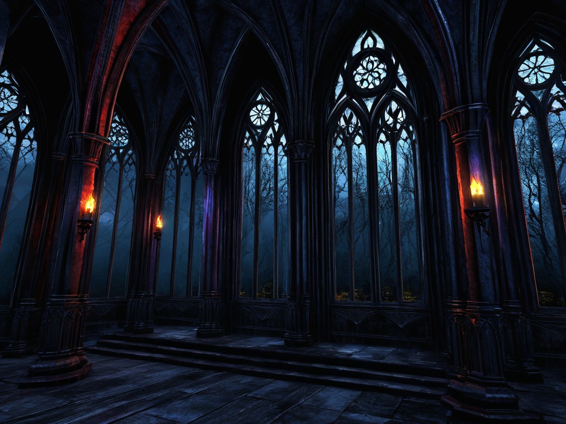 Gothic Interior with Arched Windows and Eerie Atmosphere