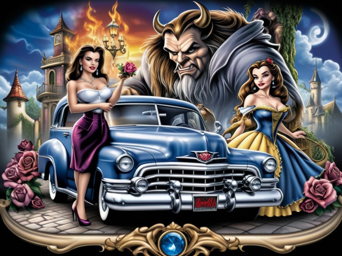 Vintage Blue Car in Fairy-Tale Setting with Characters
