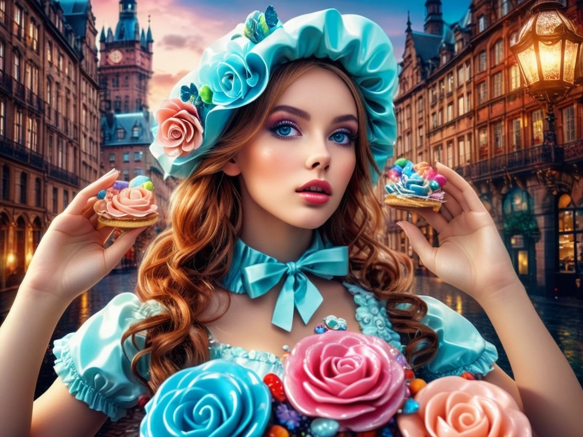 Young Woman in Blue Dress with Pastries in Enchanted Scene
