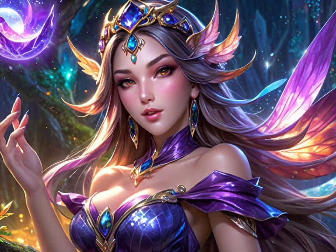 Majestic fairy in purple with delicate wings in forest