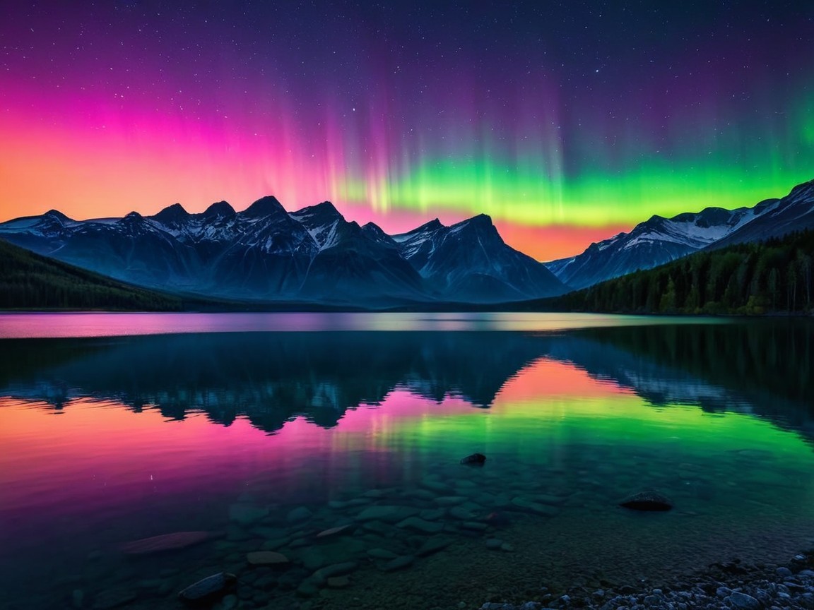 Mountain Range Under Vibrant Aurora Borealis Display
