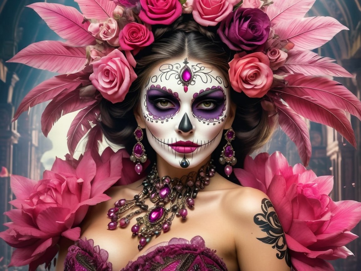 Vibrant Sugar Skull Makeup with Floral Accents