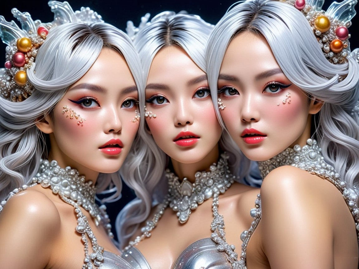 Three identical figures with silvery hair and pearls